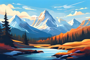 Wall Mural - A vibrant winter wonderland unfolds. Snowy peaks rise dramatically, adorned with hints of pink and purple. A touch of magic transforms this landscape into a captivating scene.