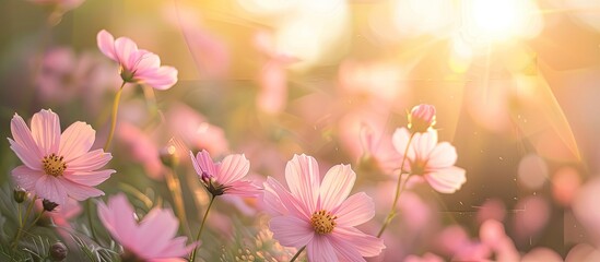 Aufkleber - Close-up image of pink flowers in a meadow, with copy space.