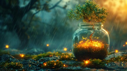 Wall Mural - Enchanted Tree in a Jar Under Rain