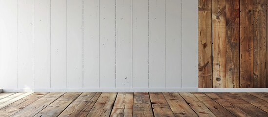 Poster - An interior room with an empty space, featuring a white wall with wooden planks in the foreground, showcasing the floor from a unique perspective, creating a rustic background for a copy space image.