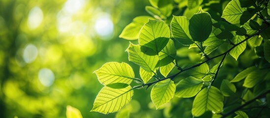 Wall Mural - Closeup image of leaves in a sunlit forest during spring or early summer, conveying ecological and tranquil themes with copy space.