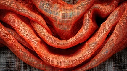   A close-up shot of an orange scarf on top of a black and white cloth pattern