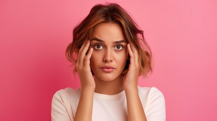 Wall Mural - A woman with brown hair and brown eyes is looking at the camera with her hands on her forehead