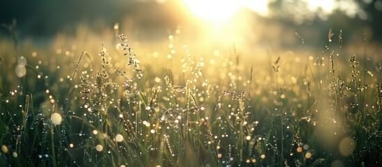 Aufkleber - Early morning sunlight illuminating a field of grass with dew droplets, excellent for copy space images.