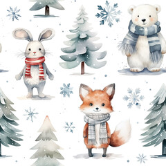 Wall Mural - Watercolor seamless pattern with cute forest animals, Christmas trees and snowflakes on white background.