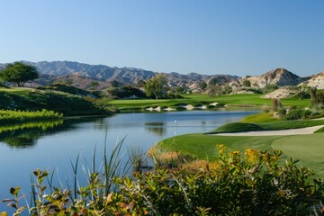 Wall Mural - a golf course with a lake and mountains in the background