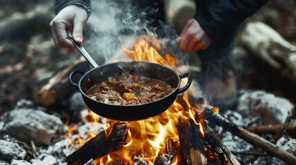 Sticker - Hands cooking a hearty stew in a cast iron pan over an open campfire in the woods