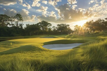 Wall Mural - the sun is shining over a green golf course