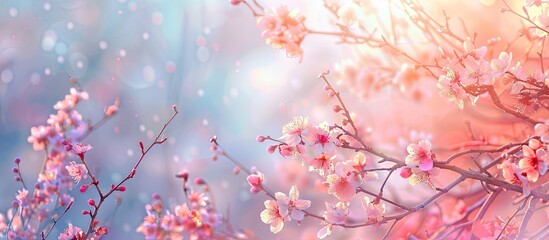 Aufkleber - Blooming japonica bushes with a beautiful background of a copy space image.