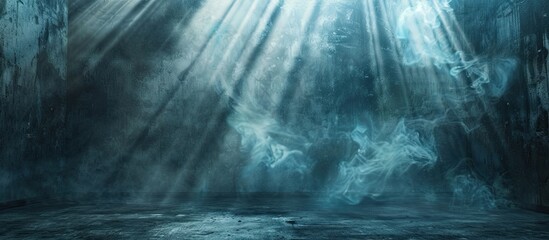 Poster - Empty dark room setting with smoke, rays, and glow on walls, perfect for a copy space image.