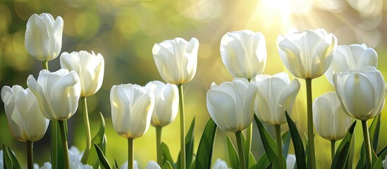 Aufkleber - Beautiful white tulips in a spring setting with a background suitable for adding text or images. image with copy space