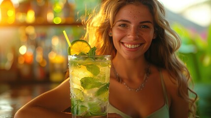 Sticker -   A woman sipping a glass of lemonade with a lime slice and mint sprig