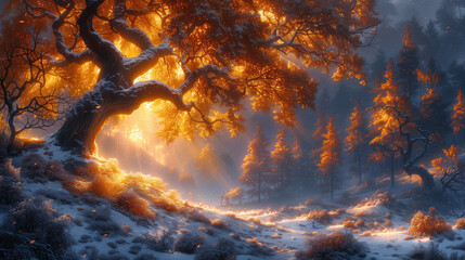 Wall Mural - A magical winter forest scene with a large, ancient tree illuminated by warm, golden sunlight. Snow covers the ground and trees, creating a serene and enchanting atmosphere.