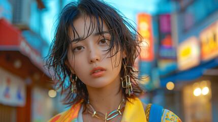 Wall Mural - A young woman with wet, tousled hair stands in a brightly lit urban street at dusk. She wears colorful clothing and statement jewelry, with neon signs and storefronts in the background.