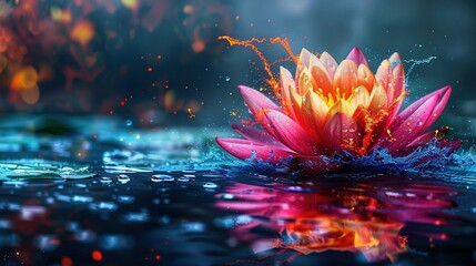 Wall Mural -   A water lily floats atop a tranquil pond, dotted with droplets, as vibrant lights illuminate the scene behind