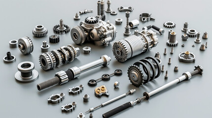 Canvas Print - Assorted automotive parts laid out on a grey background, including gears and engine components.