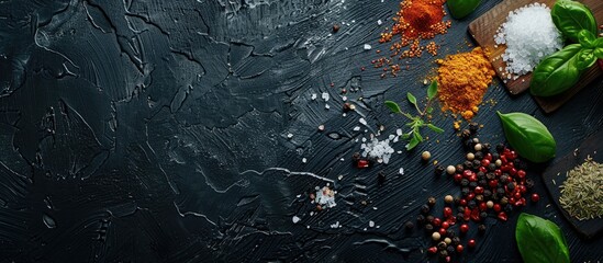 Wall Mural - Various spices and herbs like pepper, salt, paprika, basil, and turmeric beautifully arranged on a black wooden chalkboard, shot from a top-down perspective with free copy space image.