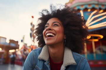 Sticker - Portrait of a happy afro-american woman in her 50s sporting a rugged denim jacket in front of lively amusement park background