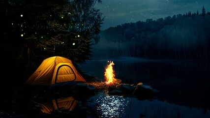 camping with bonfire in forest at night video animation background seamless looping 4k quality