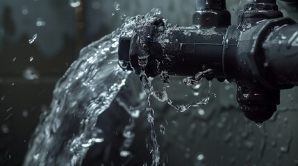 Close-up of a damaged household water pipe with water splashing out, highlighting the urgency of plumbing repairs and water damage prevention.