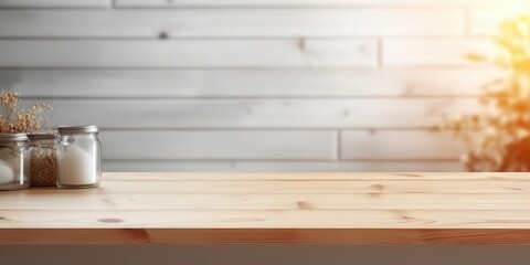 Poster - Wooden Tabletop with Jars and White Wall Background