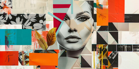 Wall Mural - Bold Abstract Collage Featuring Woman's Face with Geometric Shapes and Mixed Media Elements