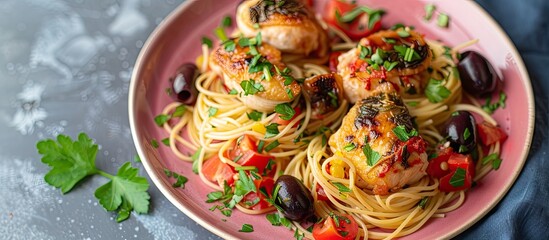 Wall Mural - On the table is a pink plate with spaghetti nests filled with chicken fillet and olives, creating an appetizing dish with copy space image.