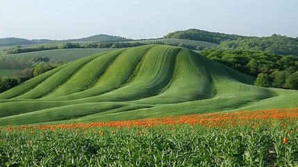 Wall Mural -  A lush field of emerald grass dotted with vibrant orange blossoms in the foreground, while a distant hill stands tall amidst a backdrop of verd