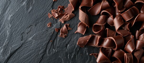 Wall Mural - Top view of chocolate curls on a black backdrop with copy space image.