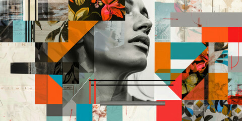 Wall Mural - Abstract Mixed Media Artwork Featuring a Woman's Face and Geometric Patterns