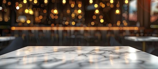 Wall Mural - Luxurious restaurant ambiance with a sleek white marble table under soft lighting for product displays or business presentations, with a bokeh background for copy space image.