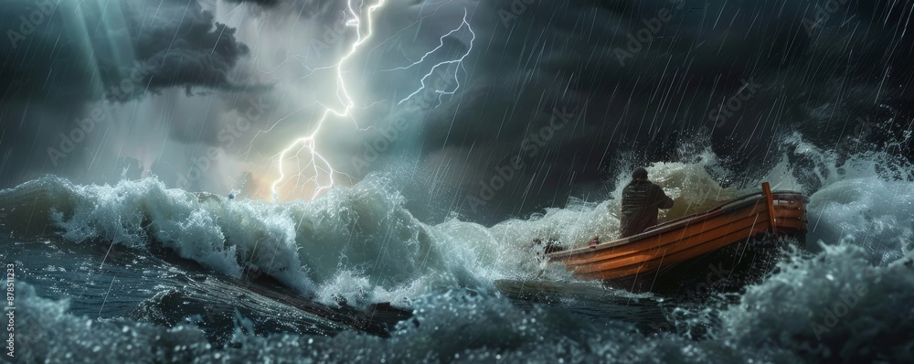 Brave Fishman Brave fisherman battles a fierce storm at sea, lightning flashing as he ...