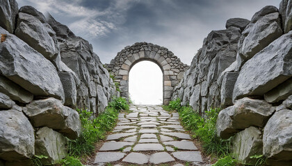 Wall Mural - Mysterious portal, path through gray rocky stones. Ancient architecture. Natural scenery. Old arch.