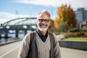 Wall Mural - Portrait of a grinning man in his 50s wearing a chic cardigan over modern university campus background