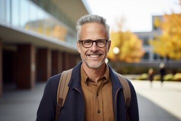 Canvas Print - Portrait of a grinning man in his 50s wearing a chic cardigan while standing against modern university campus background