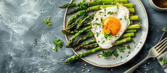 Wall Mural - Roasted asparagus and fried egg displayed on a plate against a table background with copy space image.