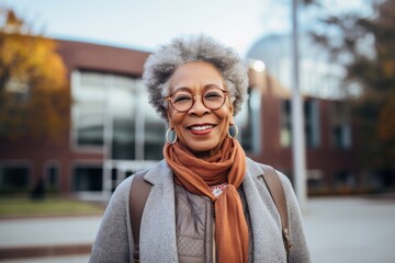 Poster - Portrait of a happy afro-american woman in her 70s dressed in a polished vest in modern university campus background