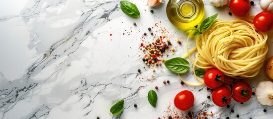 Wall Mural - Top view of traditional Italian pasta ingredients like raw spaghetti, tomatoes, basil, pepper, and olive oil on a white brick surface with available copy space image.