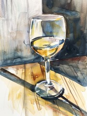 Wall Mural - Watercolor Wine Glass with Copy Space: Reflection of Relaxation