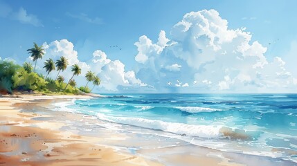 Canvas Print - Serene beach scene with palm trees swaying, turquoise waves kissing the shore under a bright blue sky. Ideal for a tropical getaway