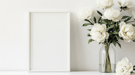 Wall Mural - Elegant interior with a white frame next to a vase of blooming white peonies on a light background.