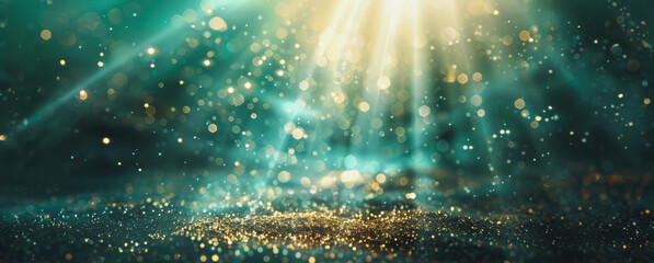 Wall Mural - Teal and gold glitter background with light rays