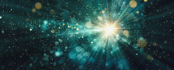 Wall Mural - bright light emitting from center of deep teal space with blurred lights