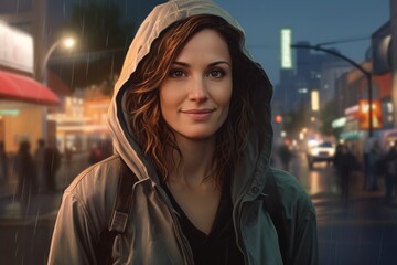 Poster - Portrait of a glad woman in her 40s sporting a comfortable hoodie over bustling city street background