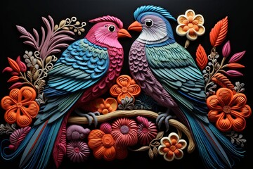 Naklejka na meble Two Doves Embroidery on a Mesoamerican-Inspired Crimson Canvas.