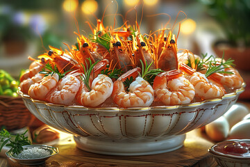 Close-up of crayfish, shrimps and snails on a wooden table with spices. Food photography in high resolution photography style.
