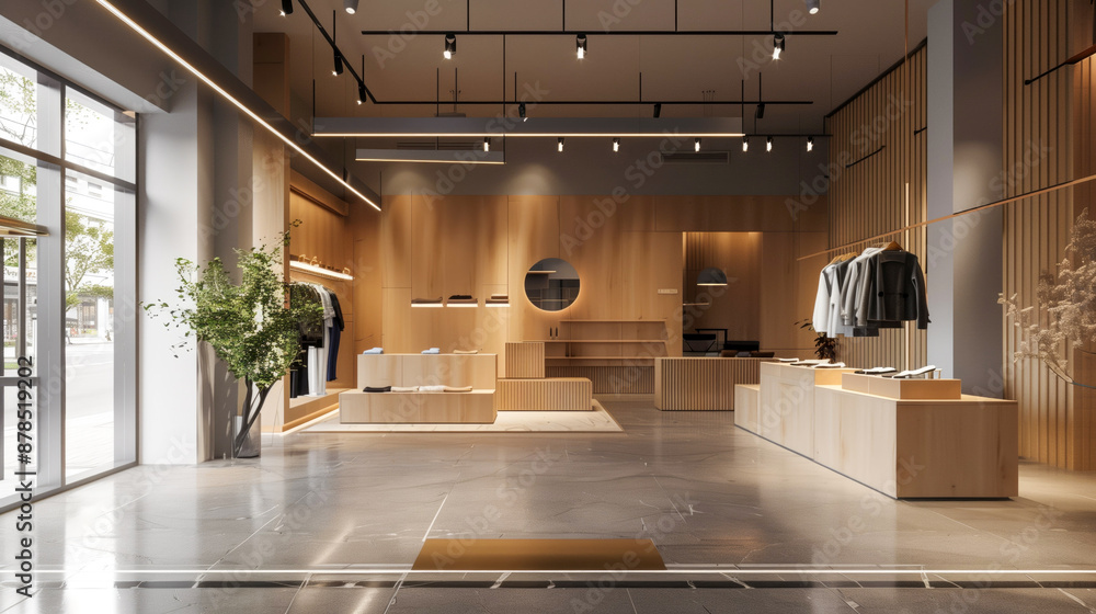 Modern minimalist clothing store design, blending natural wood ...