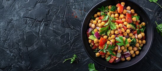 Wall Mural - Scrumptious chickpea salad on black table with copy space image for text, shot from above.