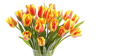 Wall Mural - Vibrant orange and yellow tulips, with natural light, arranged in a clear vase on a white backdrop, perfect for a copy space image.