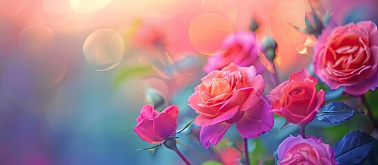 Wall Mural - Vibrant roses with blurred background and ample copy space image, evoking nature, plants, and the essence of summer in close-up photography.